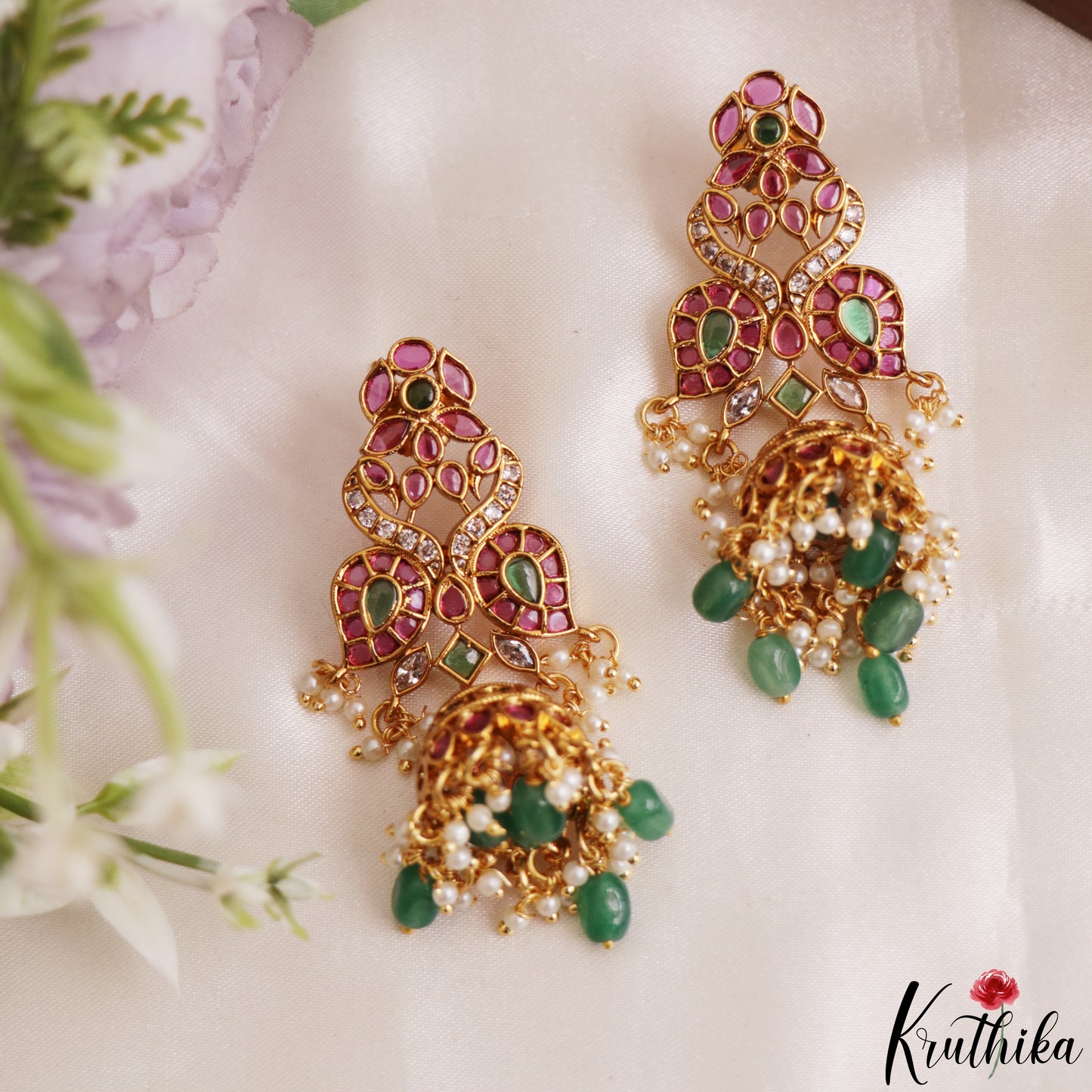 Classic Peacock Motifs Kemp Jhumkas With Green Bead Drops E1212