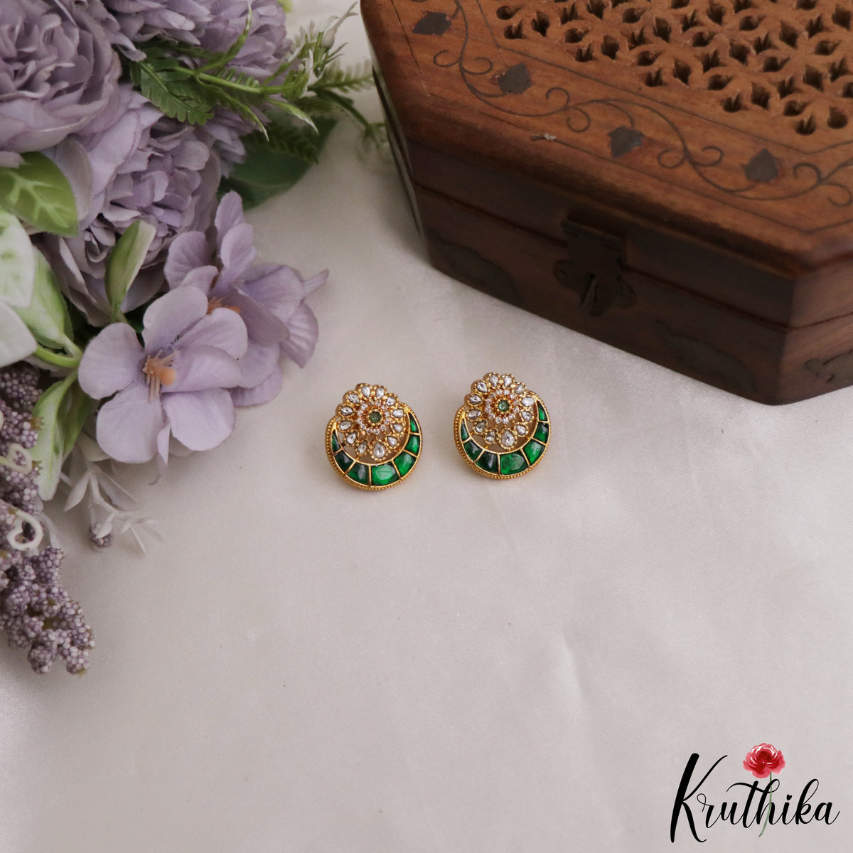 Pretty Floral Motifs Chandbali Jadau Stud Earrings E1013 (Available in 2 Colours)