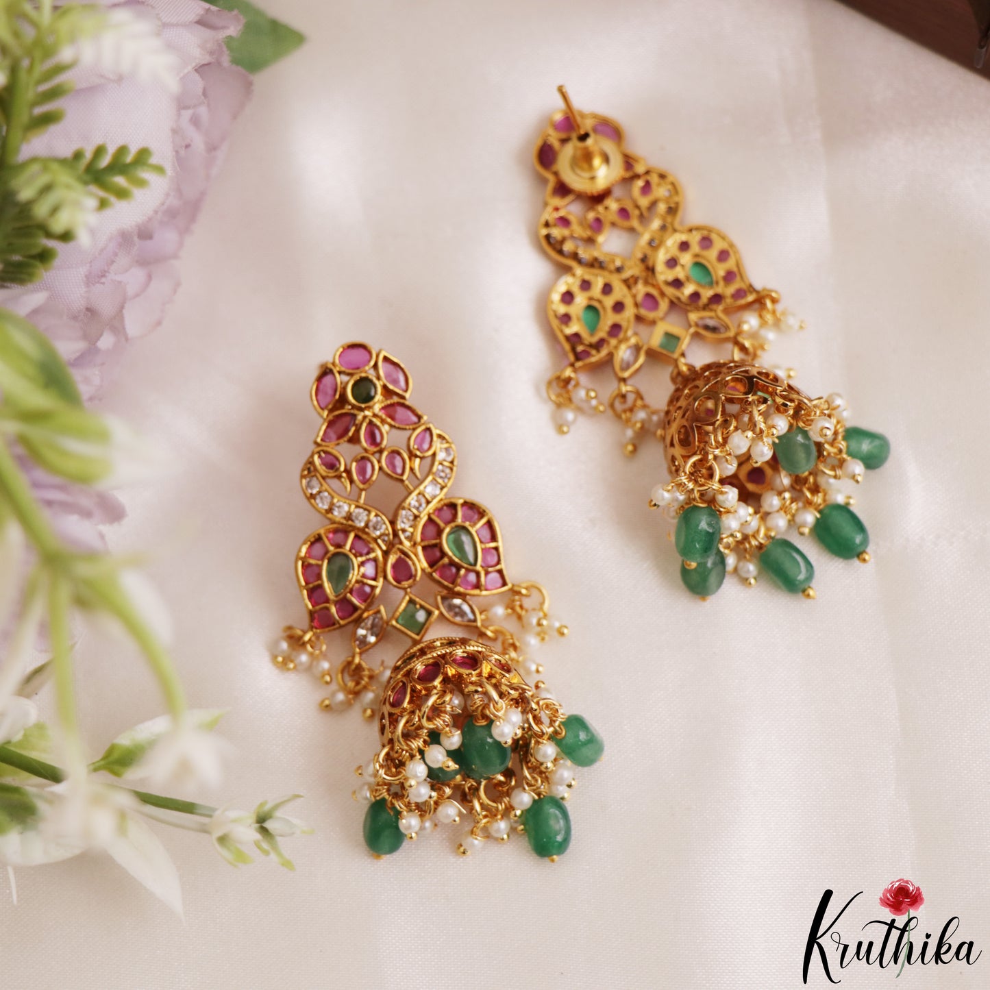Classic Peacock Motifs Kemp Jhumkas With Green Bead Drops E1212