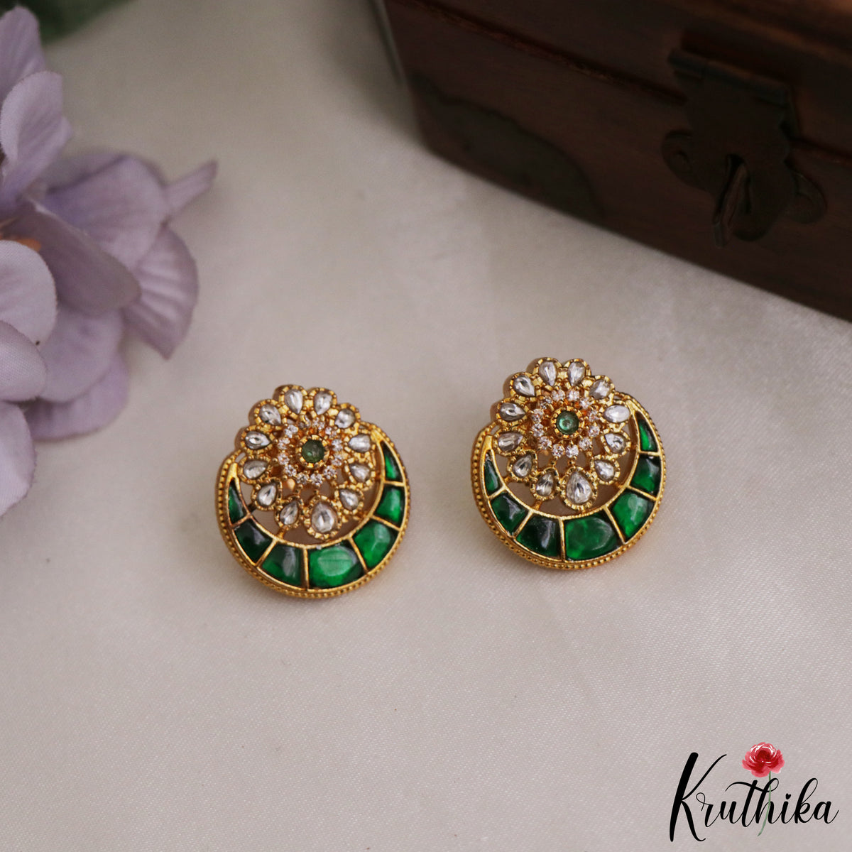 Pretty Floral Motifs Chandbali Jadau Stud Earrings E1013 (Available in 2 Colours)