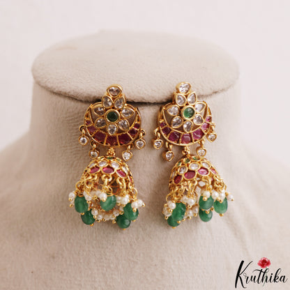 Beautiful Floral Motifs Jhumkas With Bead Drops E1213 (Available In 2 Colors)