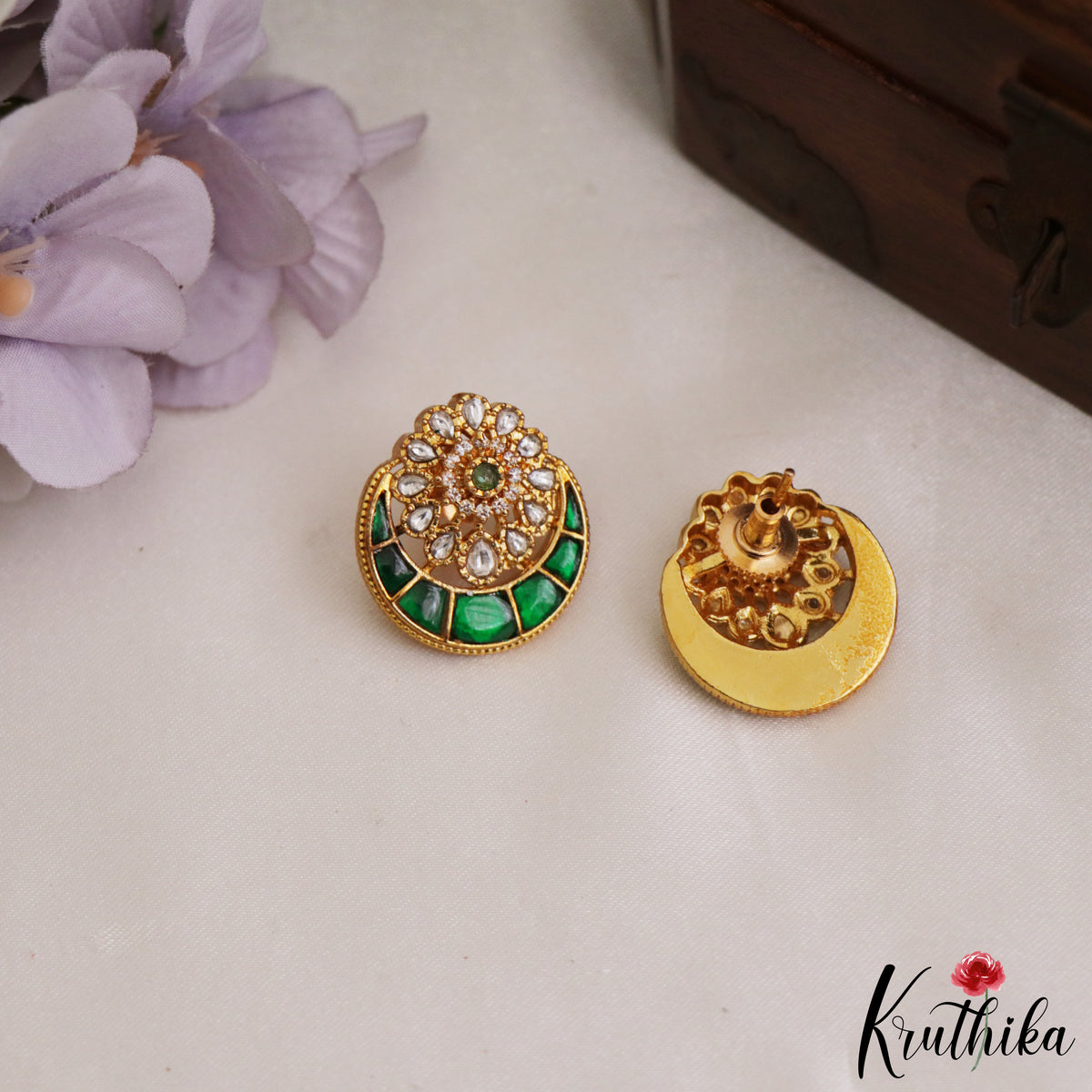 Pretty Floral Motifs Chandbali Jadau Stud Earrings E1013 (Available in 2 Colours)