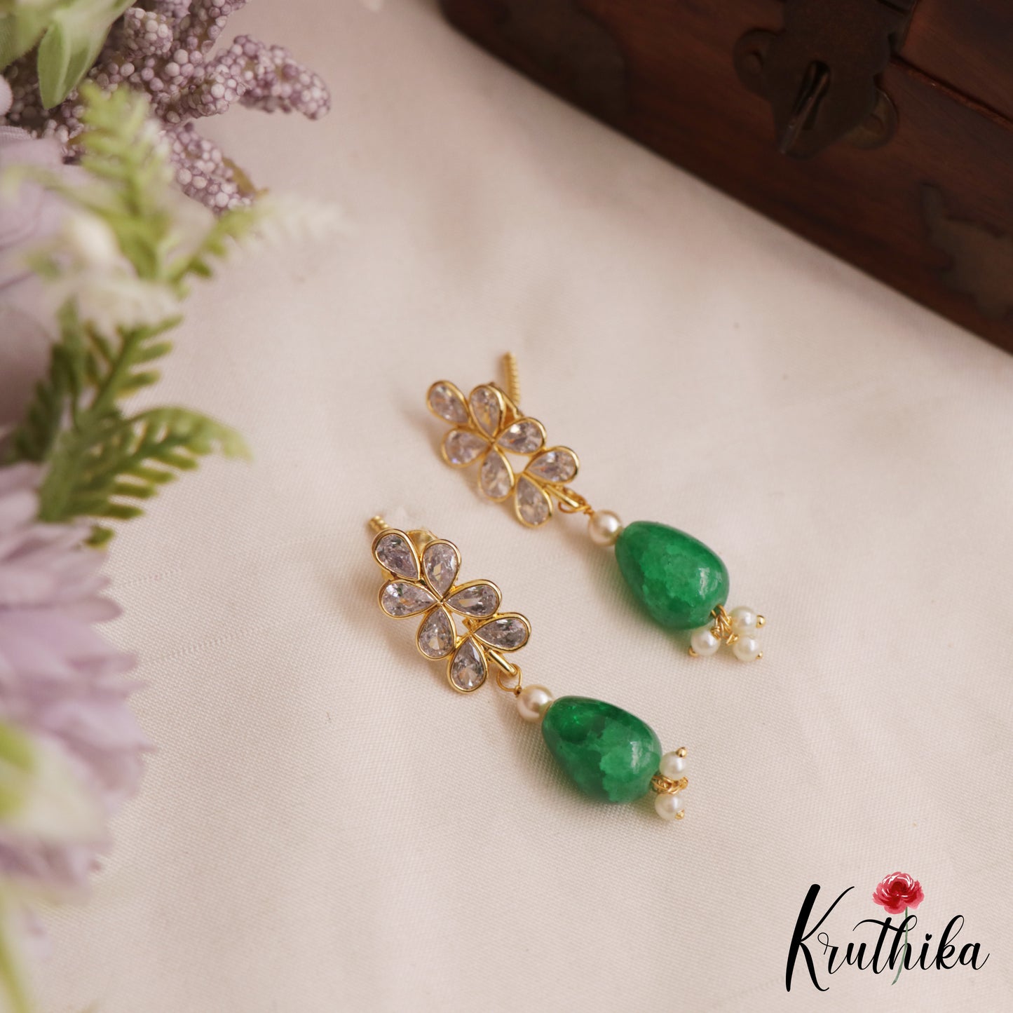 Trendy CZ Floral Motifs Earrings With Interchangeable Stone Drops E1167