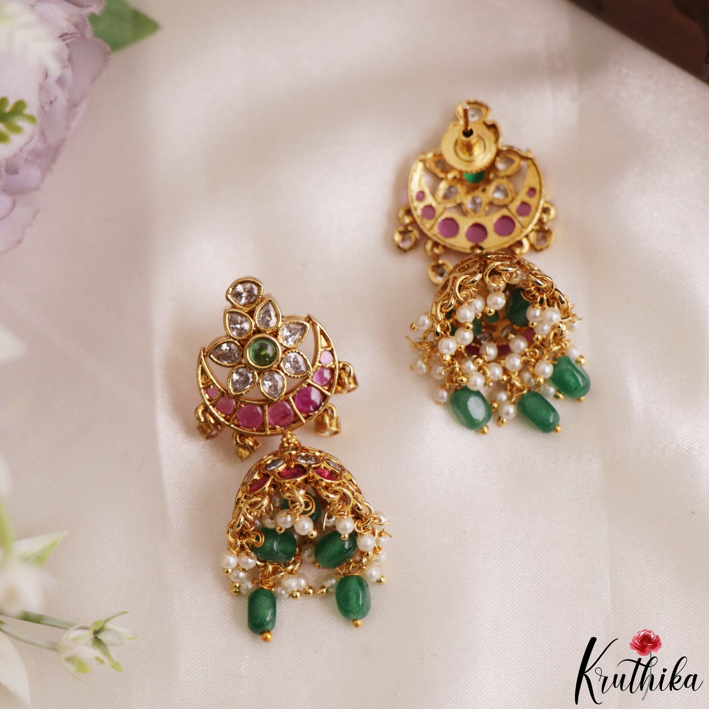 Beautiful Floral Motifs Jhumkas With Bead Drops E1213 (Available In 2 Colors)