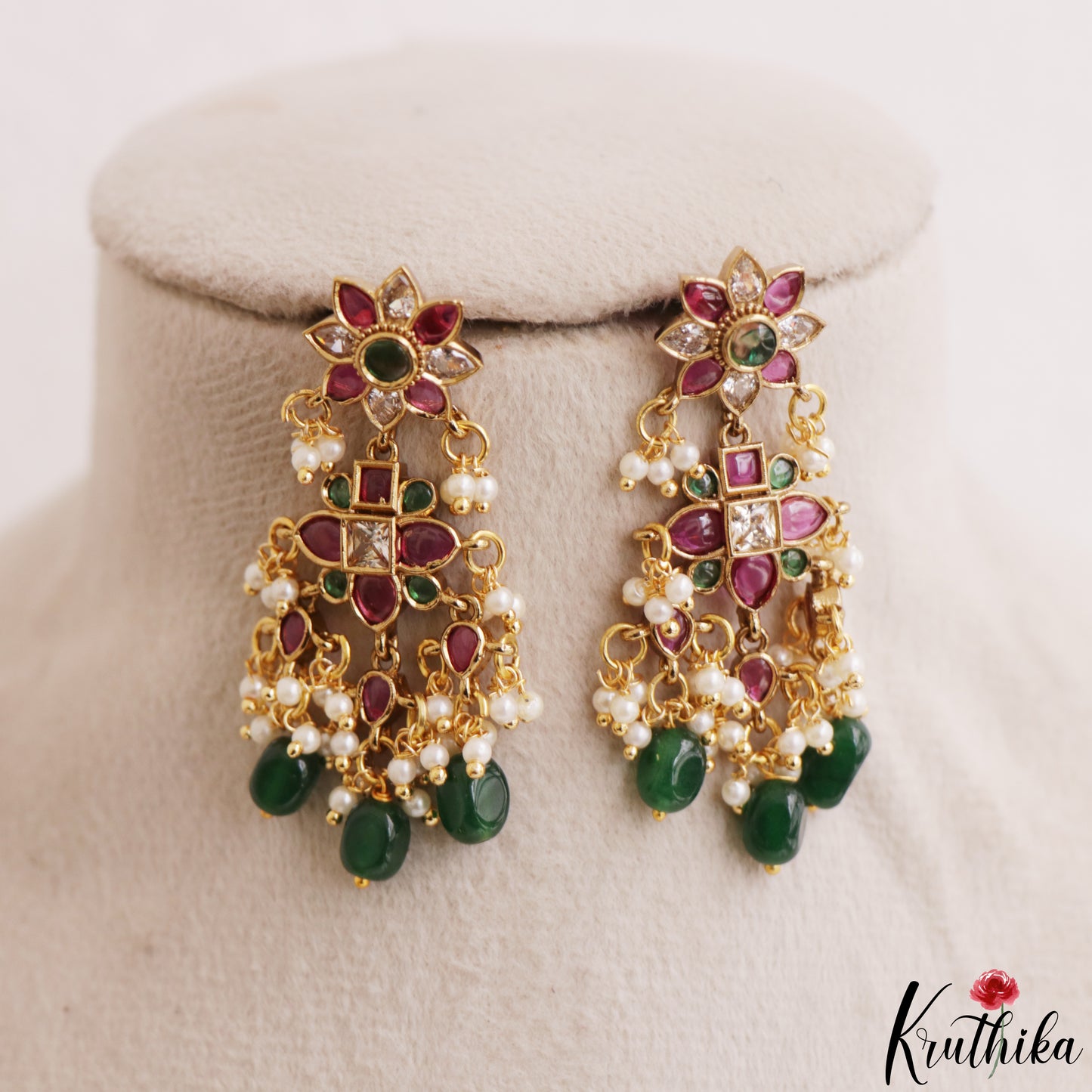 Trendy Floral Motifs Kemp Earrings With Pearl Bead Drops E1211 (Available In 2 Colors)