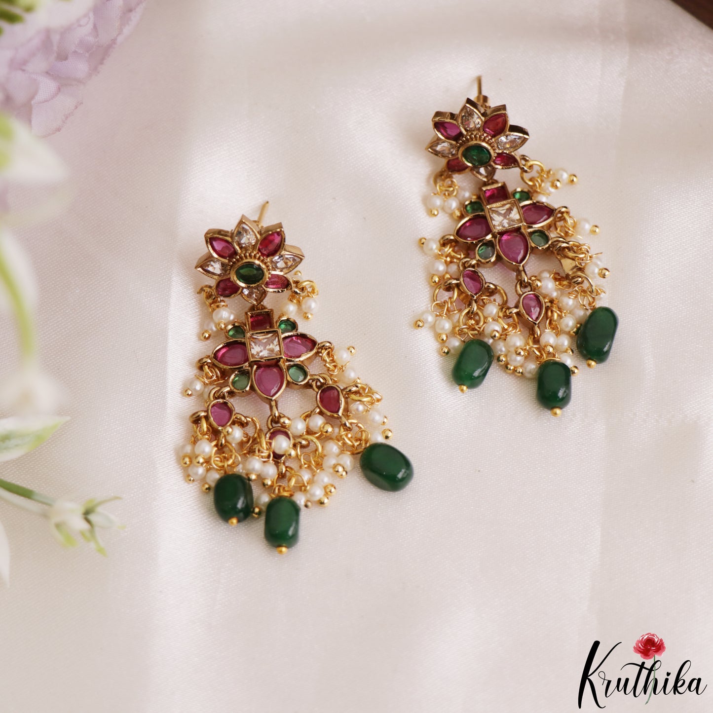 Trendy Floral Motifs Kemp Earrings With Pearl Bead Drops E1211 (Available In 2 Colors)
