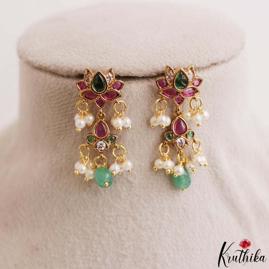 Pretty Lotus Motifs Earrings With Pearl Bead Drops E1214