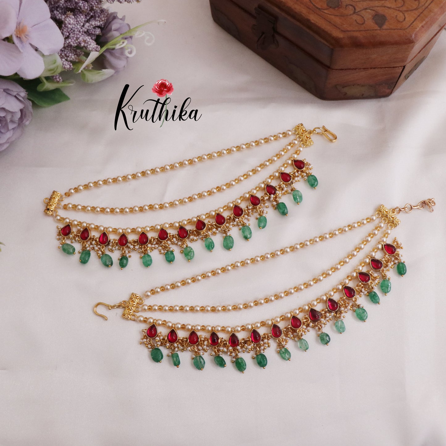 Royal Three Layered Jadau Earchain with Green Breads Drops EC134