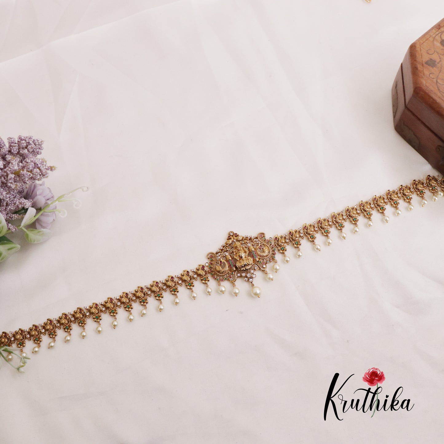 Simple Trendy Temple Lakshmi Peacock Kemp Hip Chains with Pearls Drops V297