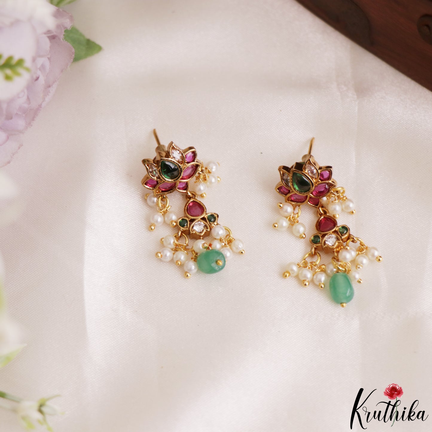 Pretty Lotus Motifs Earrings With Pearl Bead Drops E1214
