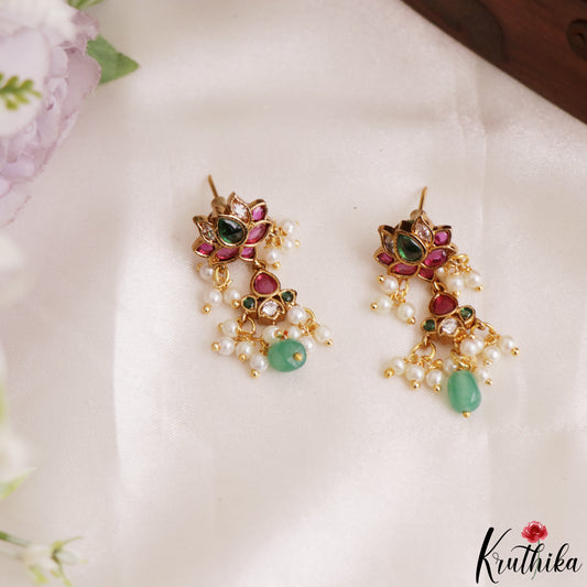 Pretty Lotus Motifs Earrings With Pearl Bead Drops E1214