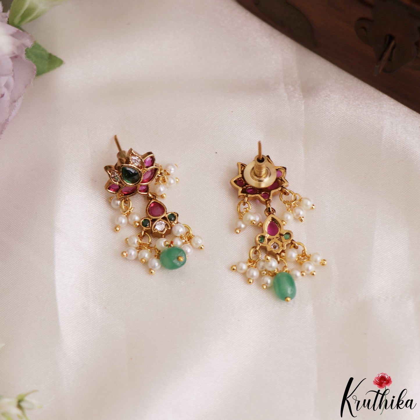 Pretty Lotus Motifs Earrings With Pearl Bead Drops E1214