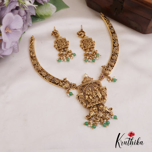 Gorgeous Antique Lord Shiva Parivar Choker With Green Bead Drops NC2703