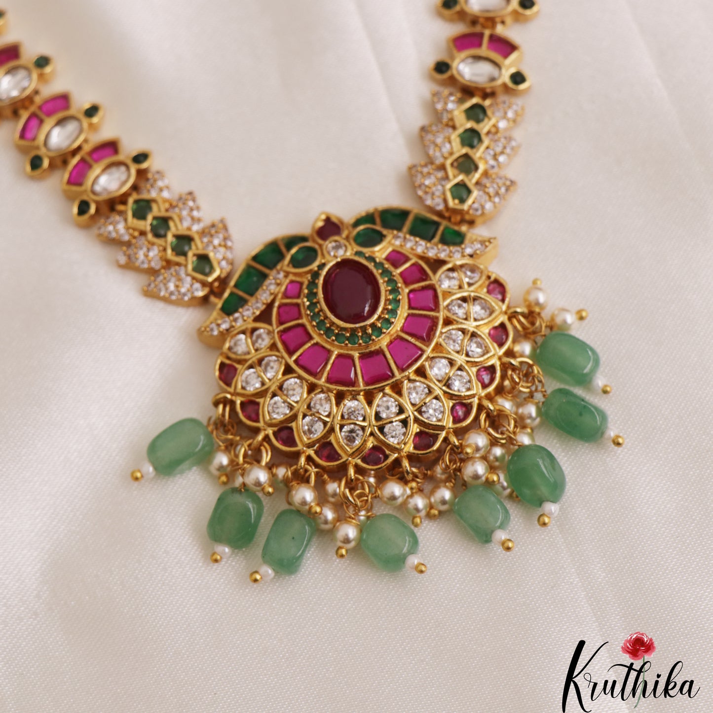 Gorgeous Floral Geometric Motifs Jadau Necklace With Green Bead Drops NC3099