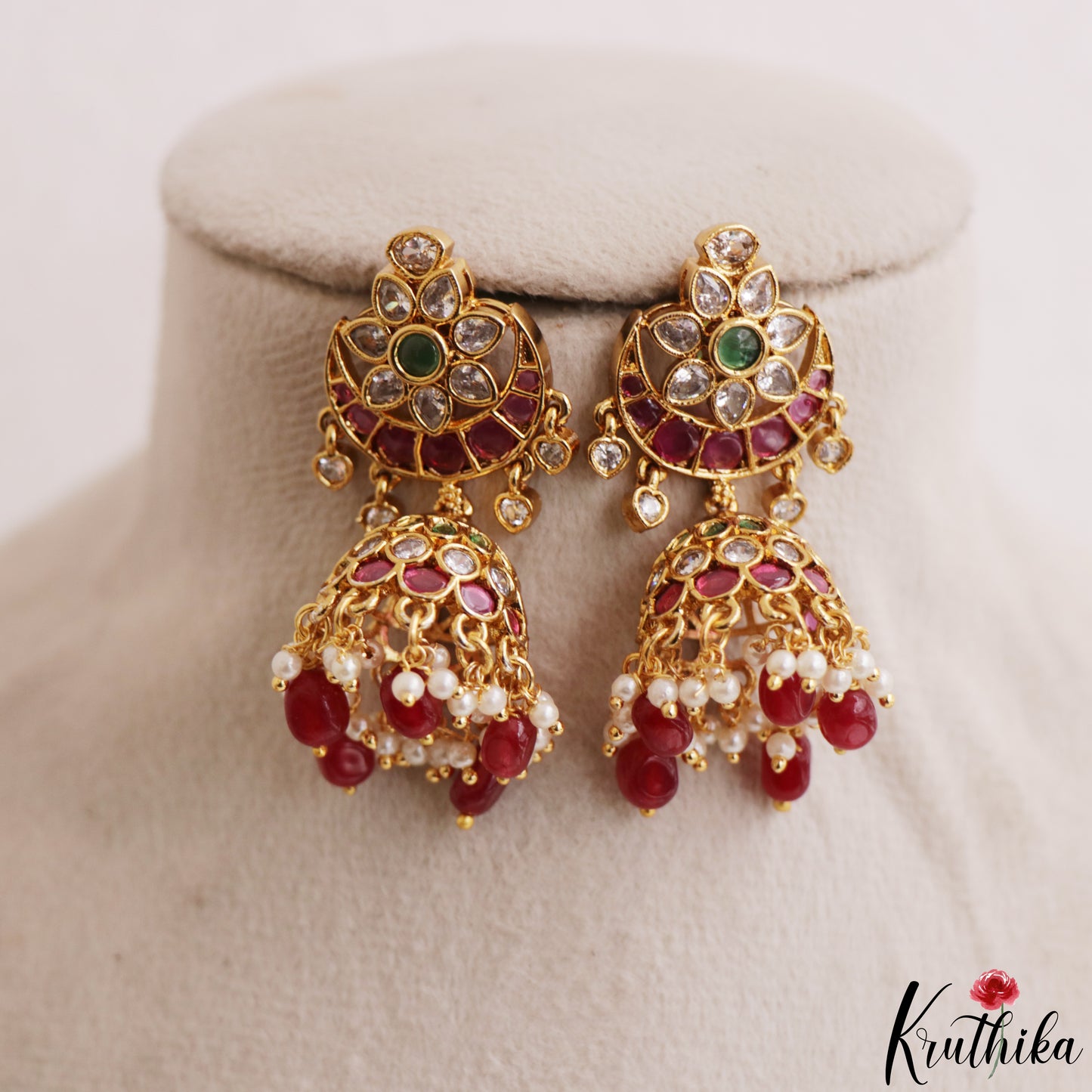 Beautiful Floral Motifs Jhumkas With Bead Drops E1213 (Available In 2 Colors)