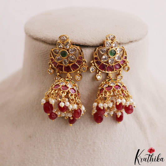 Beautiful Floral Motifs Jhumkas With Bead Drops E1213 (Available In 2 Colors)