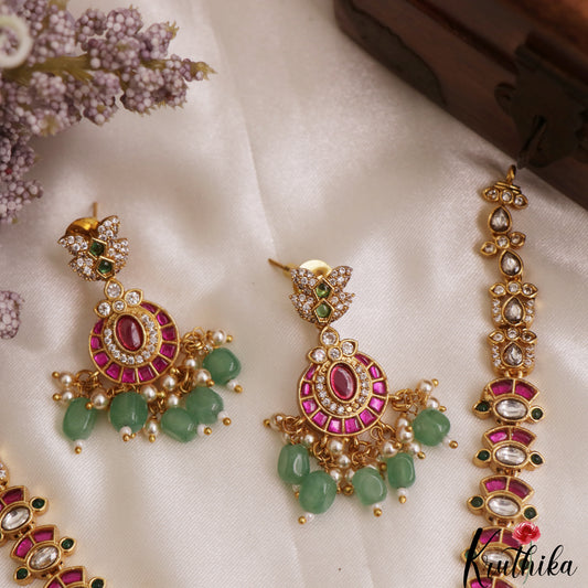 Gorgeous Floral Geometric Motifs Jadau Necklace With Green Bead Drops NC3099
