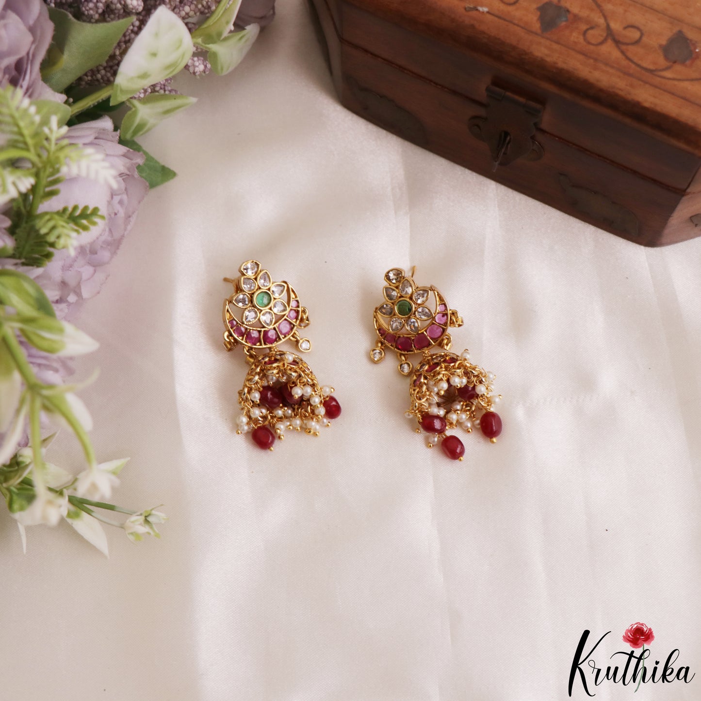 Beautiful Floral Motifs Jhumkas With Bead Drops E1213 (Available In 2 Colors)