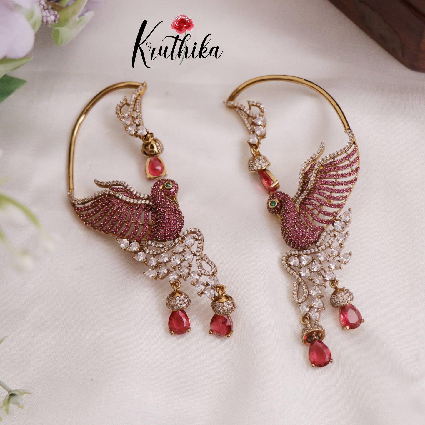 Beautiful AD Victorian Peacock Earcuff with Ruby Drop E727