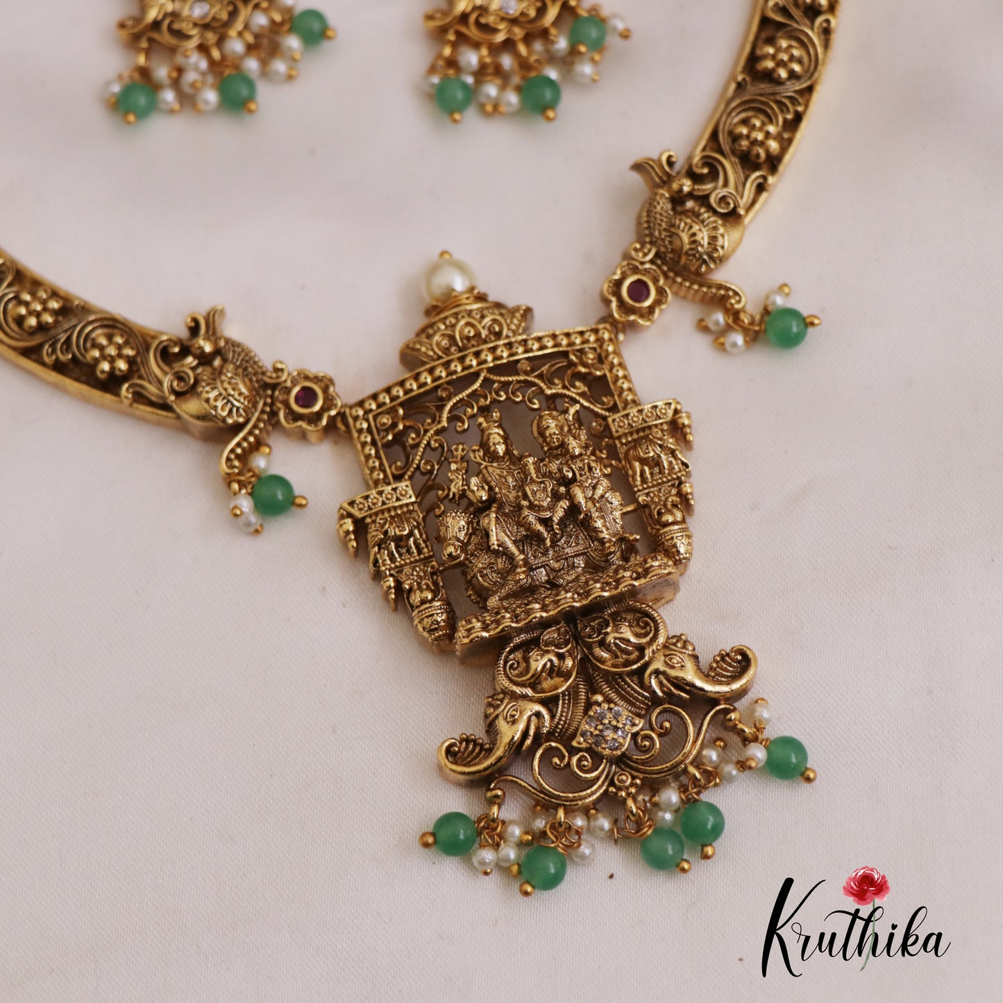 Gorgeous Antique Lord Shiva Parivar Choker With Green Bead Drops NC2703