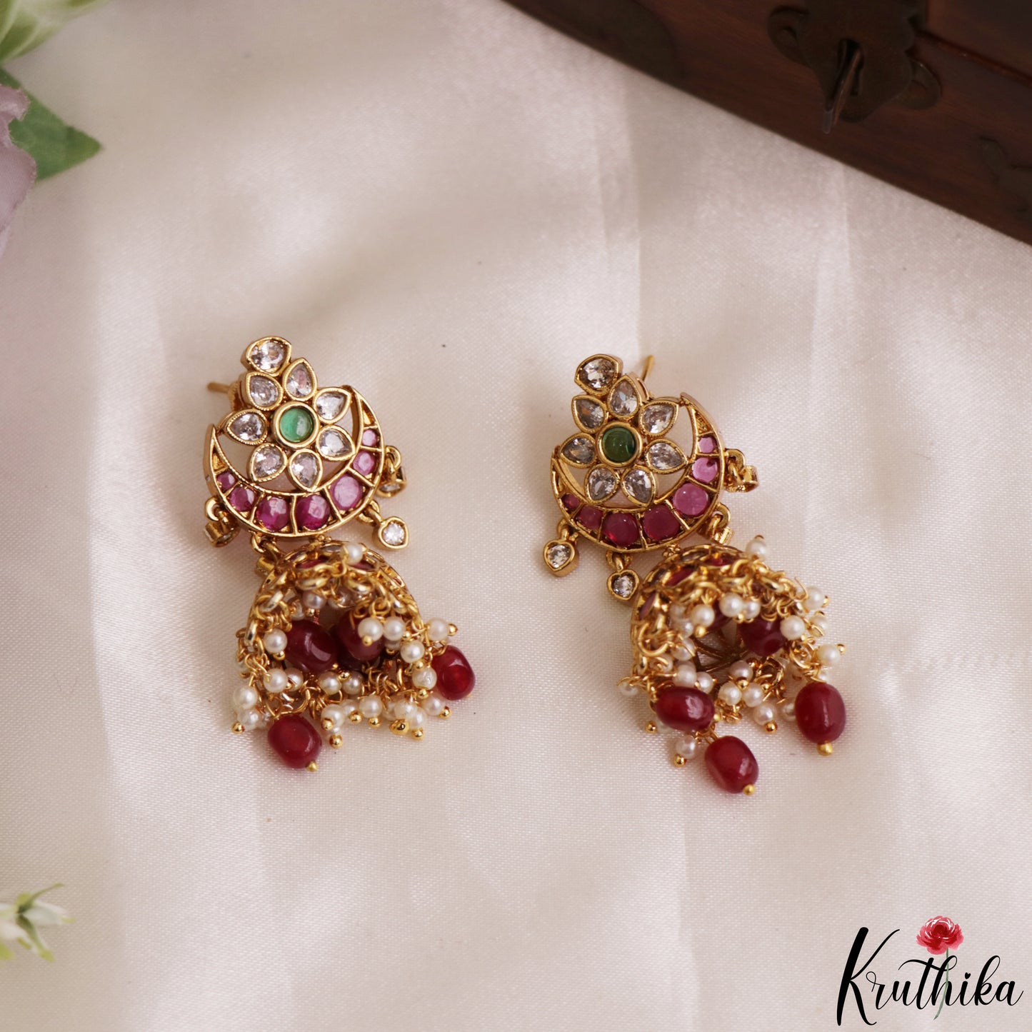 Beautiful Floral Motifs Jhumkas With Bead Drops E1213 (Available In 2 Colors)