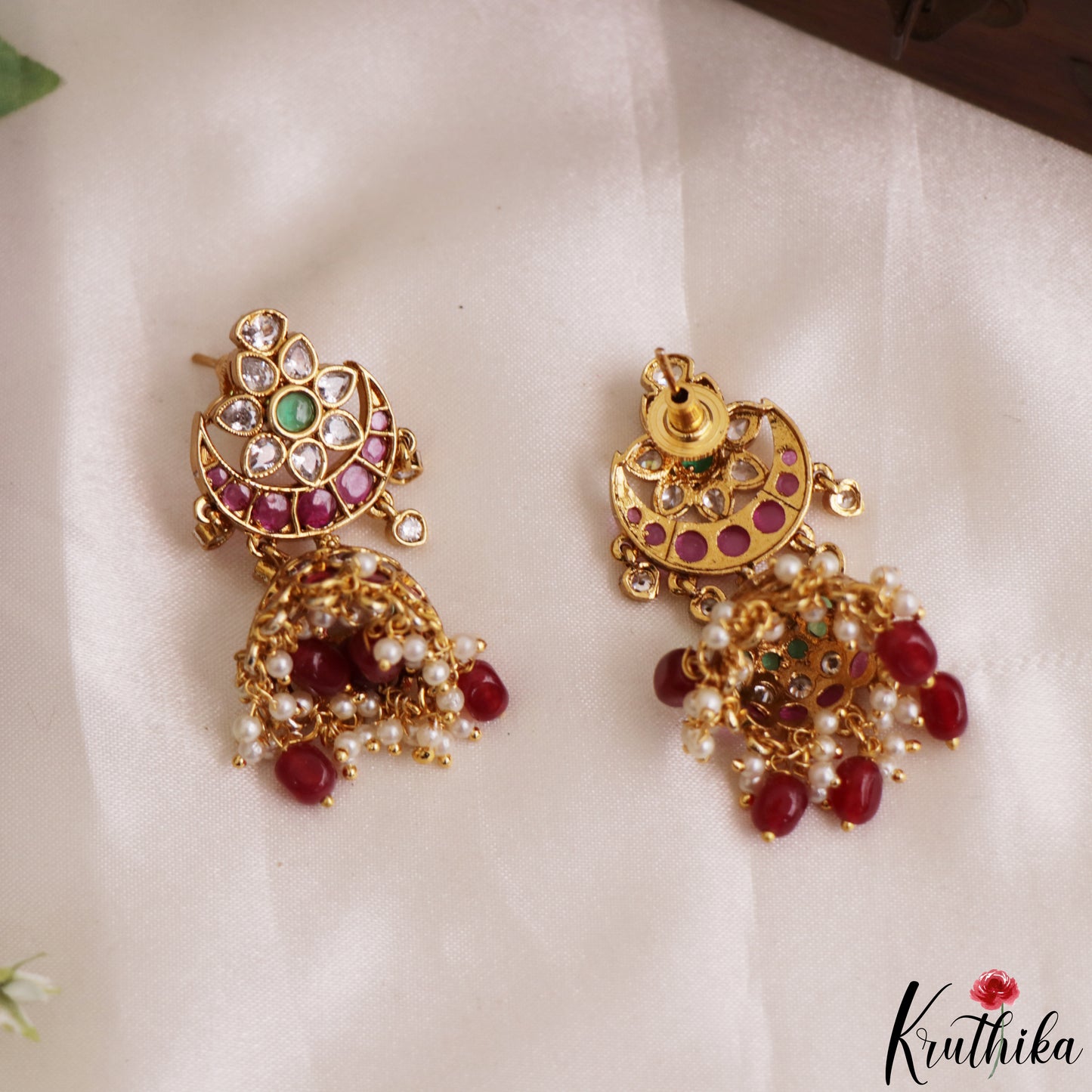 Beautiful Floral Motifs Jhumkas With Bead Drops E1213 (Available In 2 Colors)