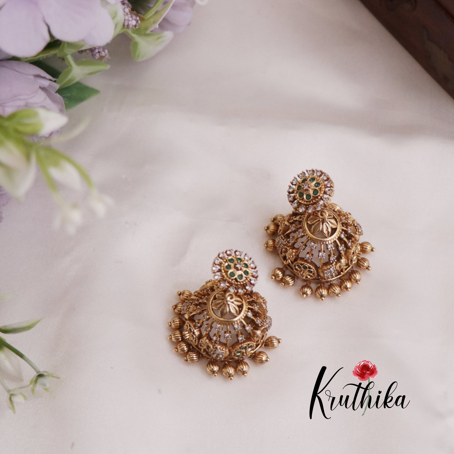 Elegant AD Elephant Jhumka Earrings with Golden Beads Drops E764