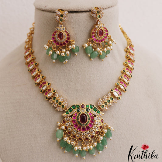 Gorgeous Floral Geometric Motifs Jadau Necklace With Green Bead Drops NC3099