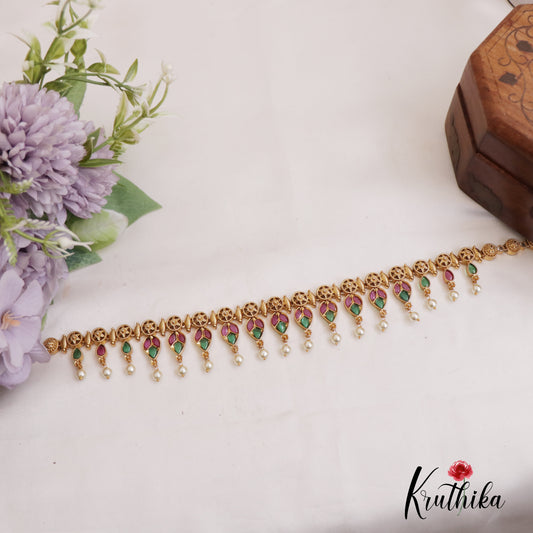 Elegant Floral Leaf Motifs Jadau Hip Chain With Pearl Drops V334
