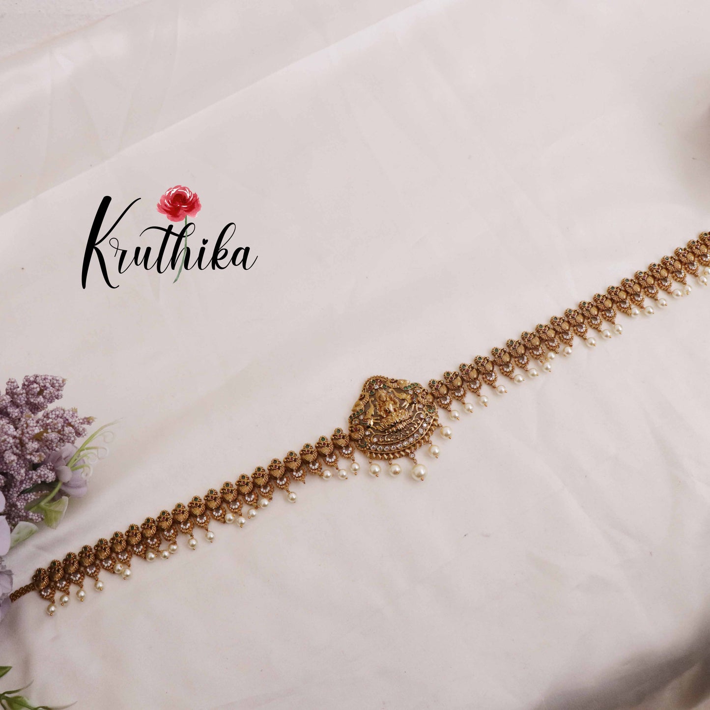 Trendy AD Temple Lakshmi Hip Chains with Pearls Drops V292