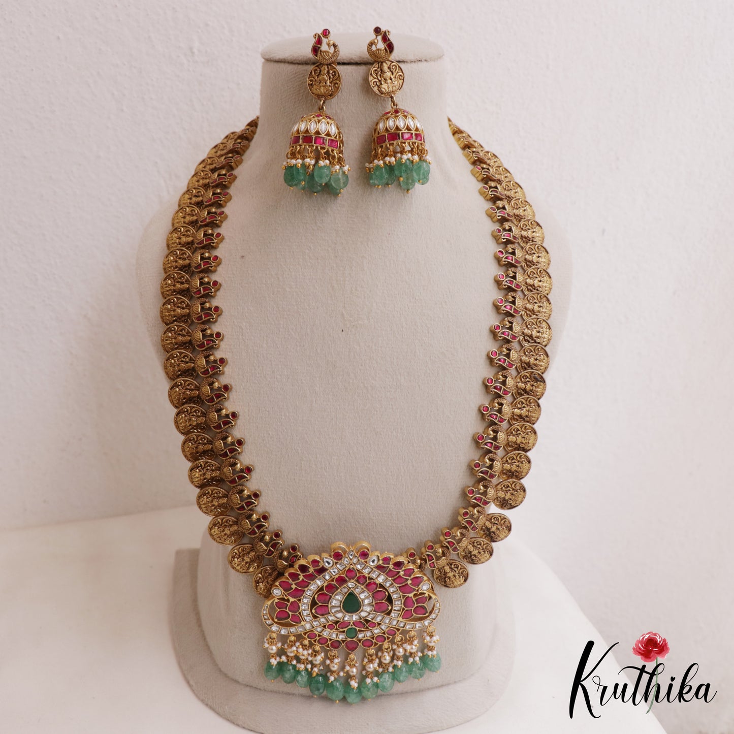 Gorgeous Antique Peacock Motifs Lakshmi Kasu Jadau Haaram With Green Bead Drops LH2124