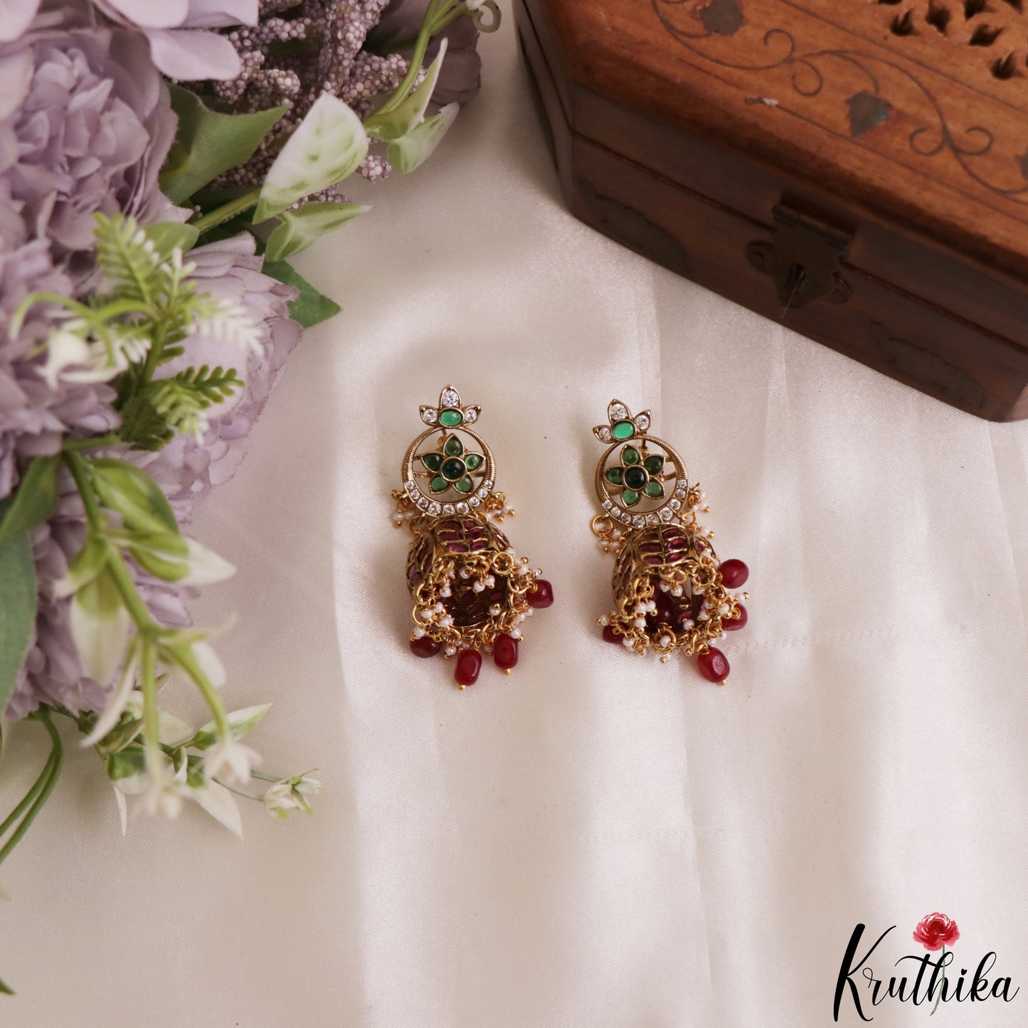 Classic Floral Leaf Motifs Jhumkas With Pearl Bead Drops E1206 (Available In 3 Colors)