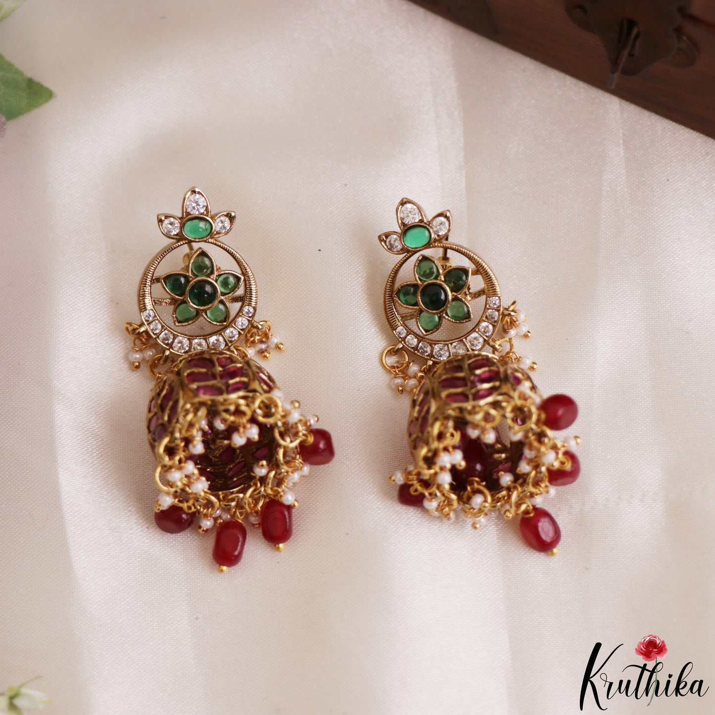 Classic Floral Leaf Motifs Jhumkas With Pearl Bead Drops E1206 (Available In 3 Colors)