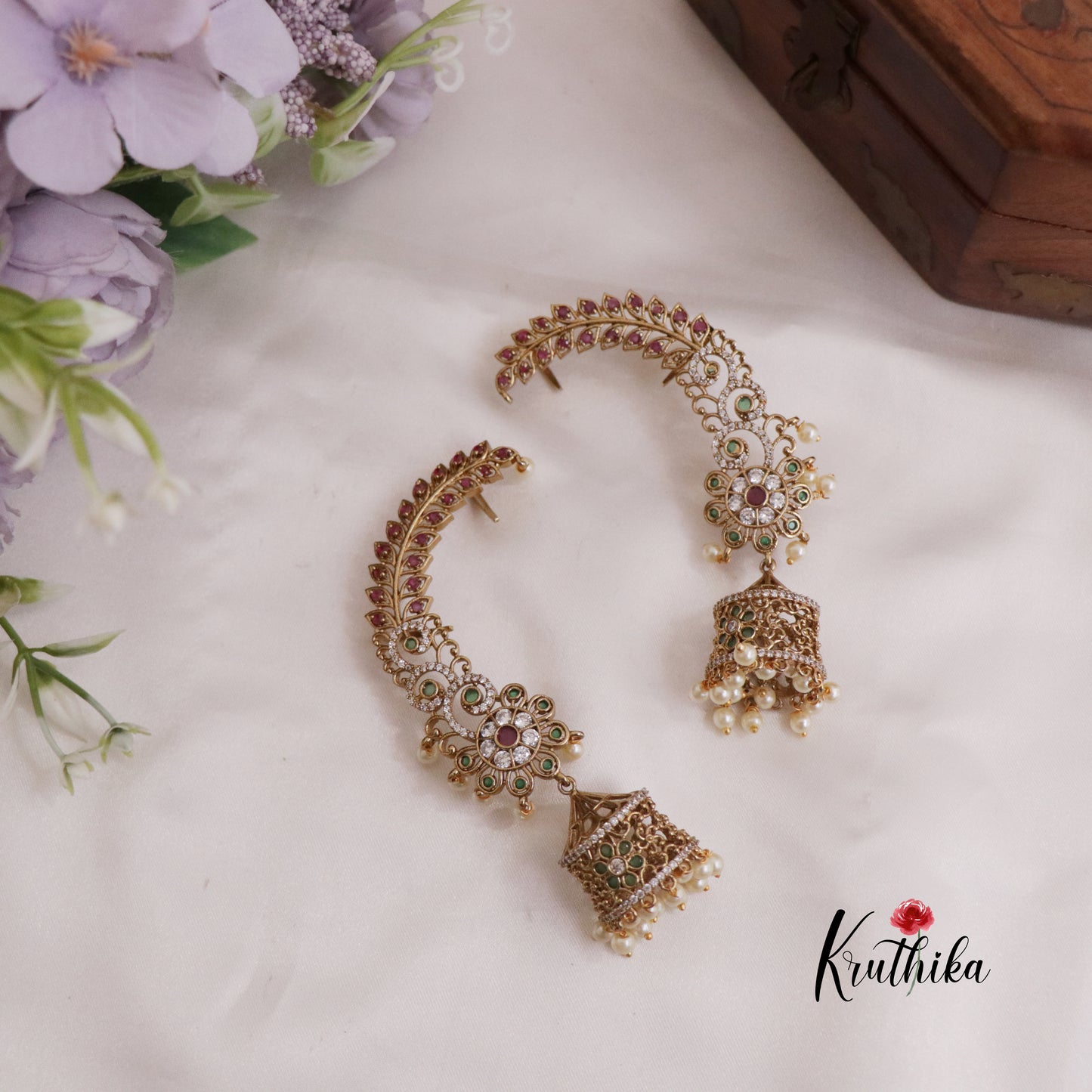 Trendy AD Floral Earcuff with Jhumkas E746 (Available in 2 Colours)