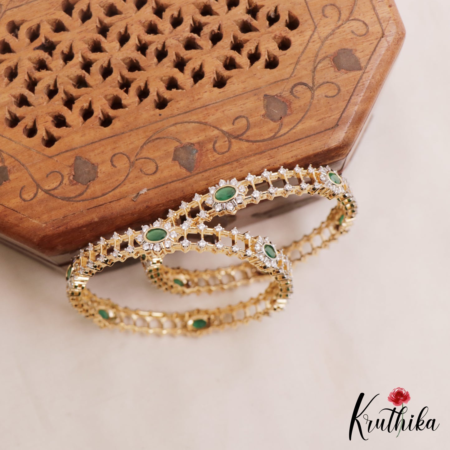 Sparkling Floral Diamond-Finish Gold-Tone CZ Bangles B548 (Set of 2)|(Available In 2 Colors)