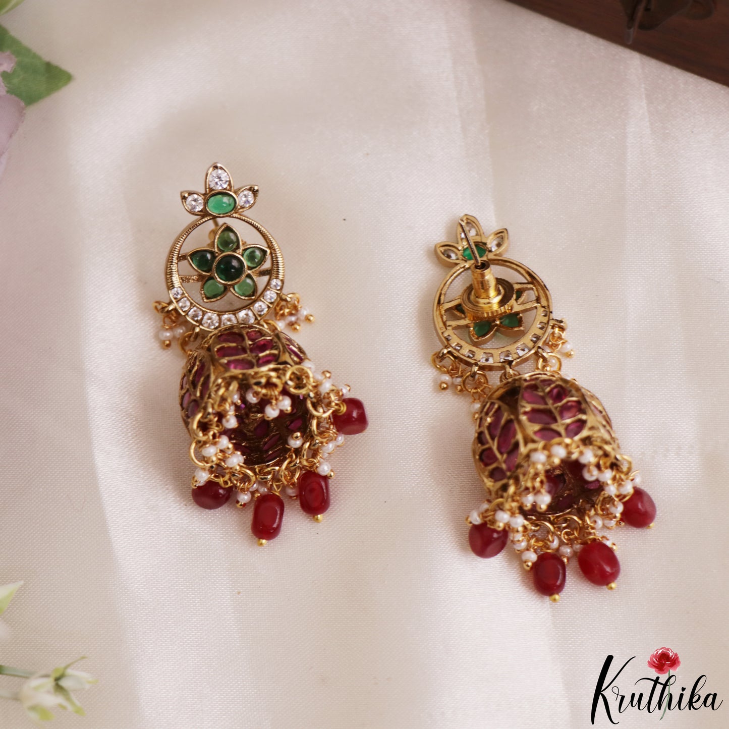 Classic Floral Leaf Motifs Jhumkas With Pearl Bead Drops E1206 (Available In 3 Colors)