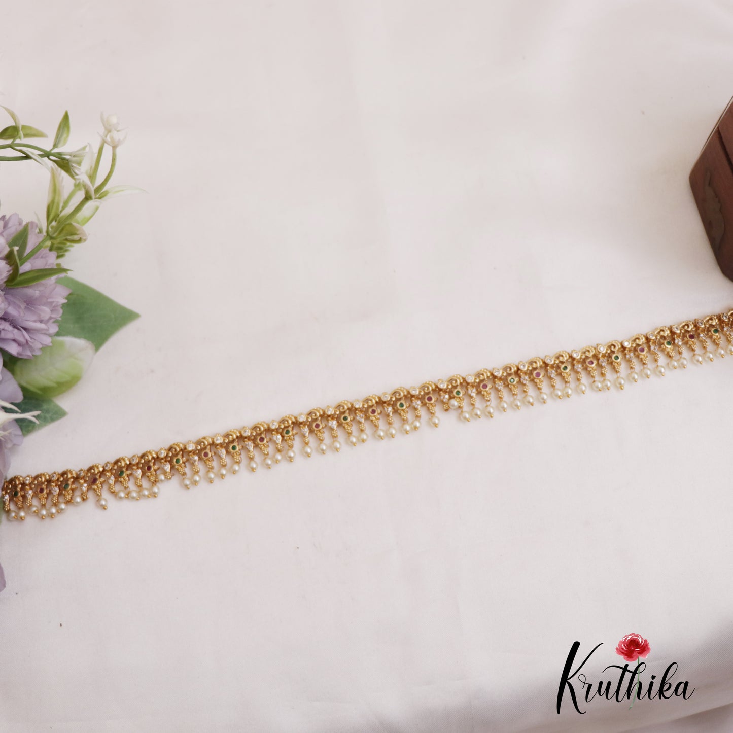 Beautiful Floral Motifs Hip Chain With Pearl Drops V335