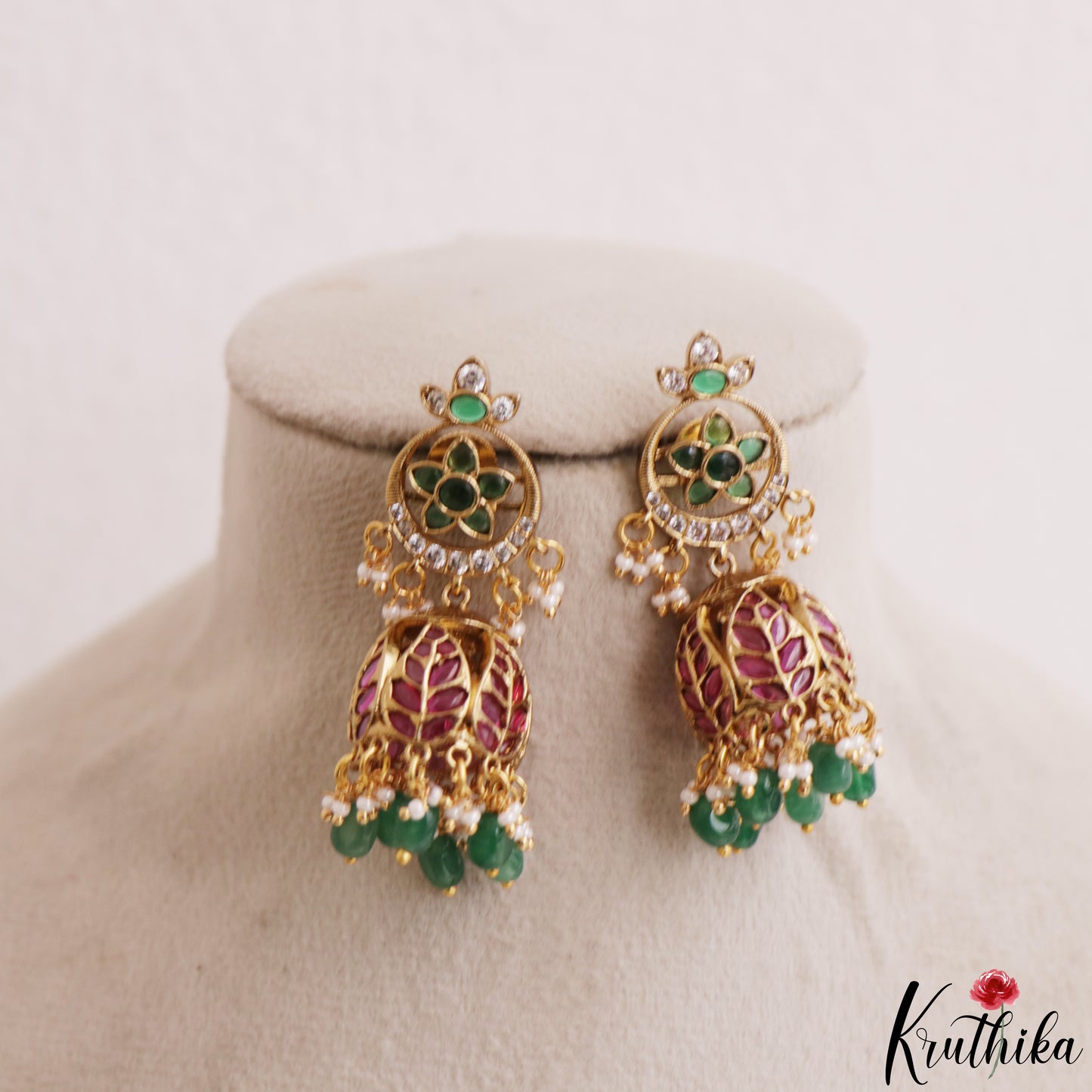 Classic Floral Leaf Motifs Jhumkas With Pearl Bead Drops E1206 (Available In 3 Colors)