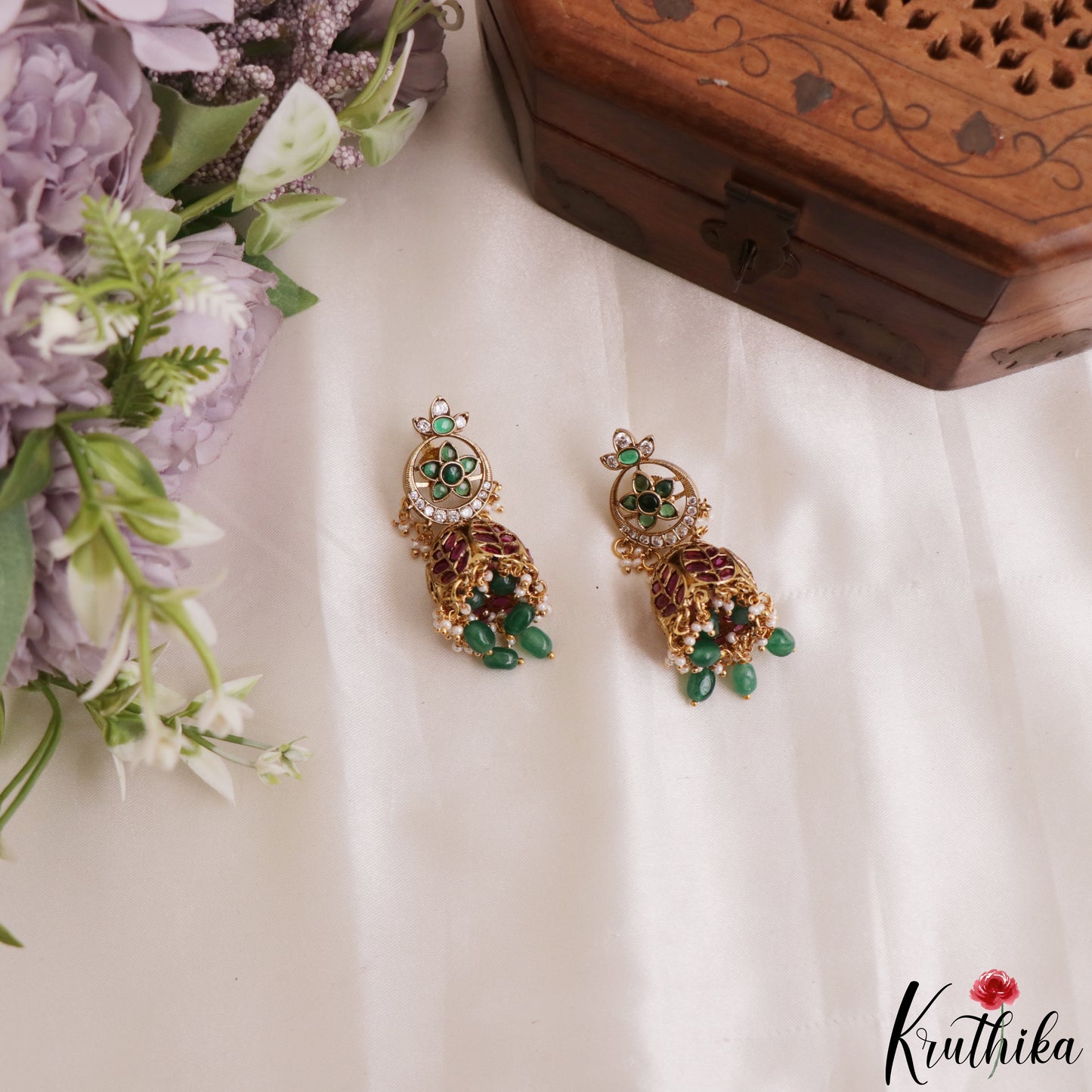 Classic Floral Leaf Motifs Jhumkas With Pearl Bead Drops E1206 (Available In 3 Colors)