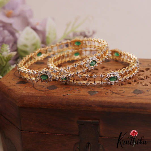 Sparkling Floral Diamond-Finish Gold-Tone CZ Bangles B548 (Set of 2)|(Available In 2 Colors)