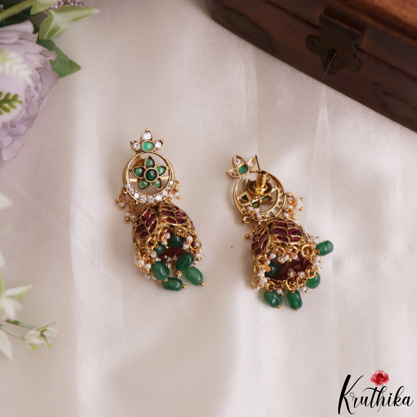 Classic Floral Leaf Motifs Jhumkas With Pearl Bead Drops E1206 (Available In 3 Colors)