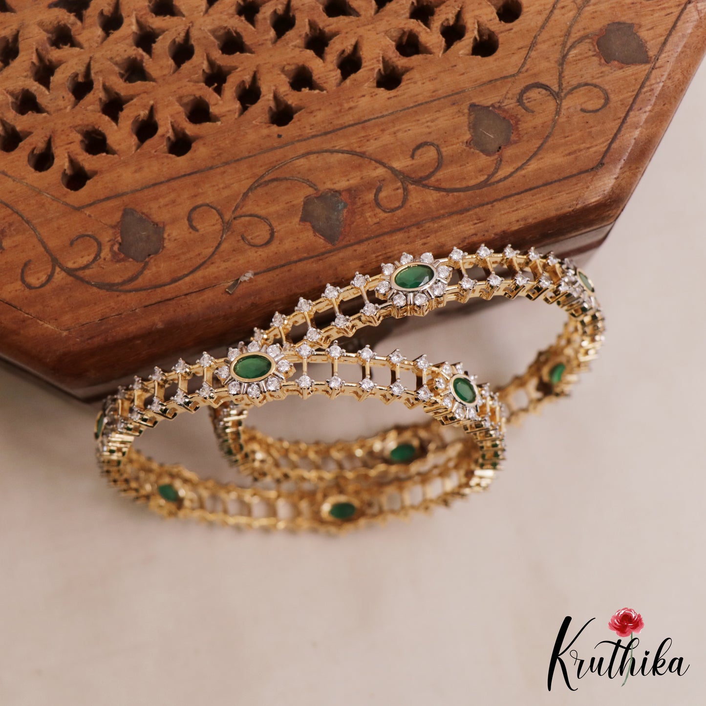 Sparkling Floral Diamond-Finish Gold-Tone CZ Bangles B548 (Set of 2)|(Available In 2 Colors)