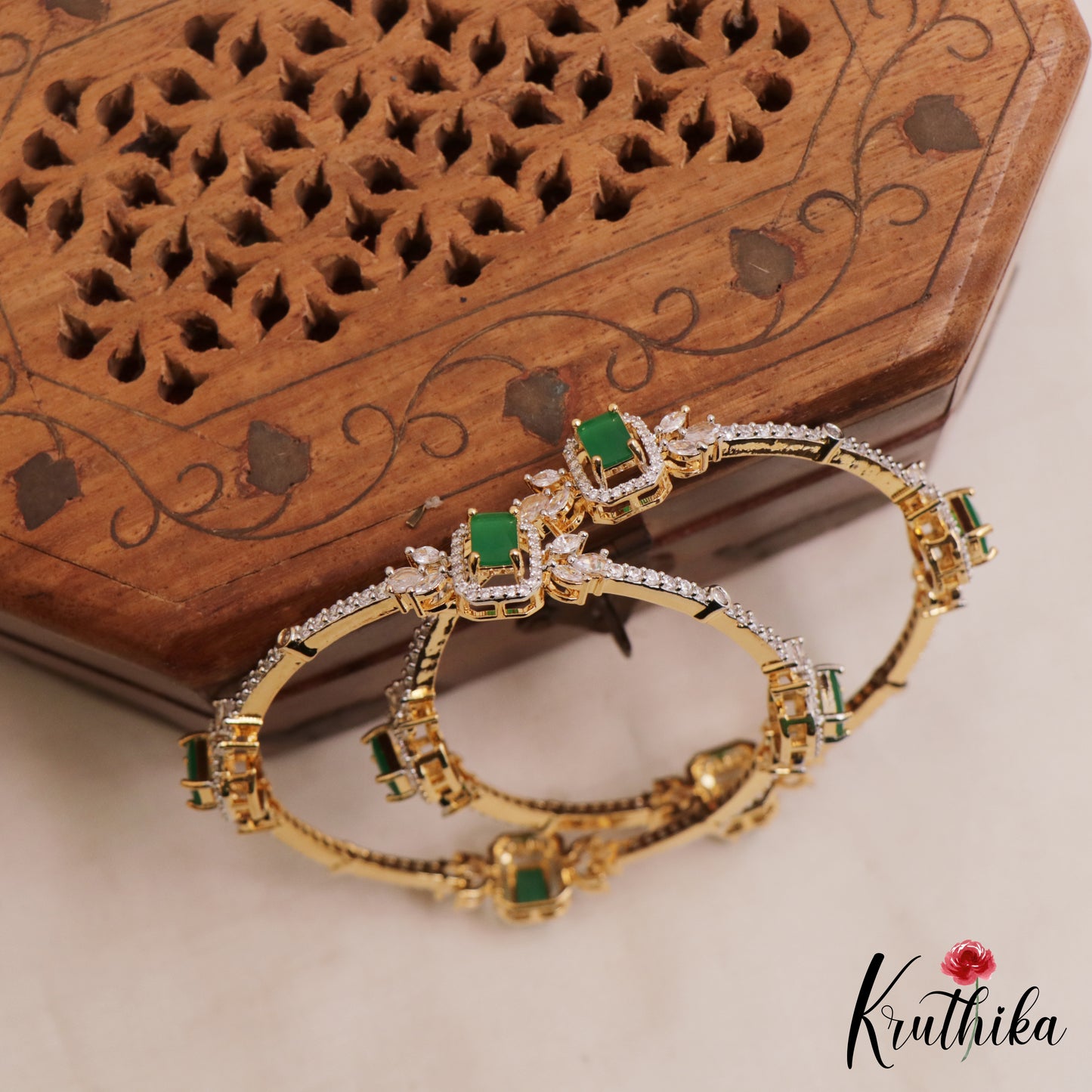 Classic Floral Diamond-Finish Gold-Tone CZ Bangles B549 (Set of 2)|(Available In 2 Colors)