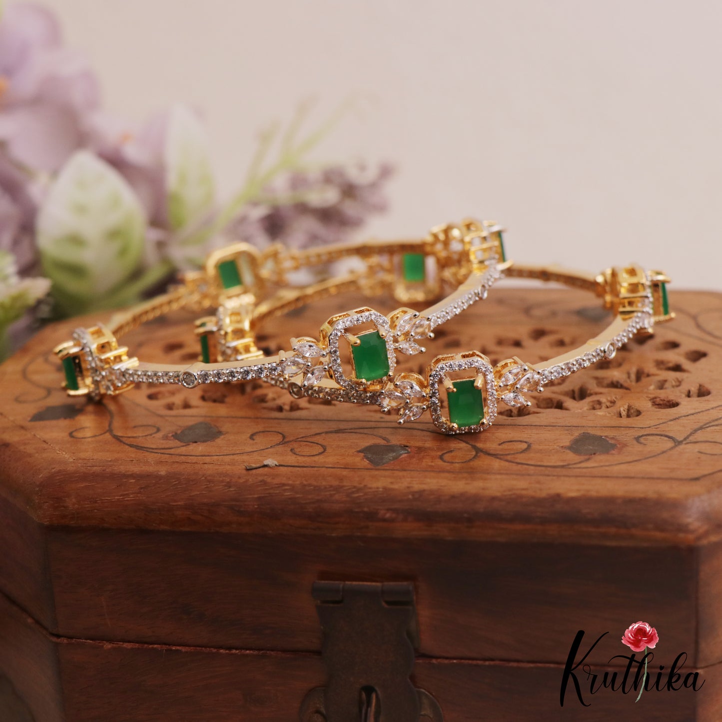 Classic Floral Diamond-Finish Gold-Tone CZ Bangles B549 (Set of 2)|(Available In 2 Colors)