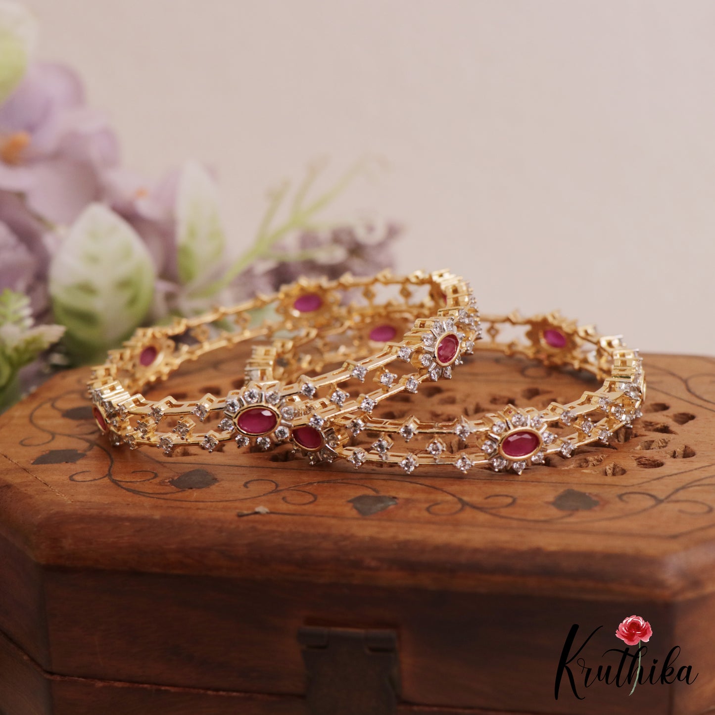 Sparkling Floral Diamond-Finish Gold-Tone CZ Bangles B548 (Set of 2)|(Available In 2 Colors)