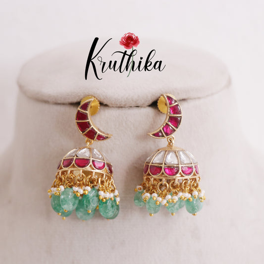 Grand Jadau Jhumka with Green Beads Hangings E728