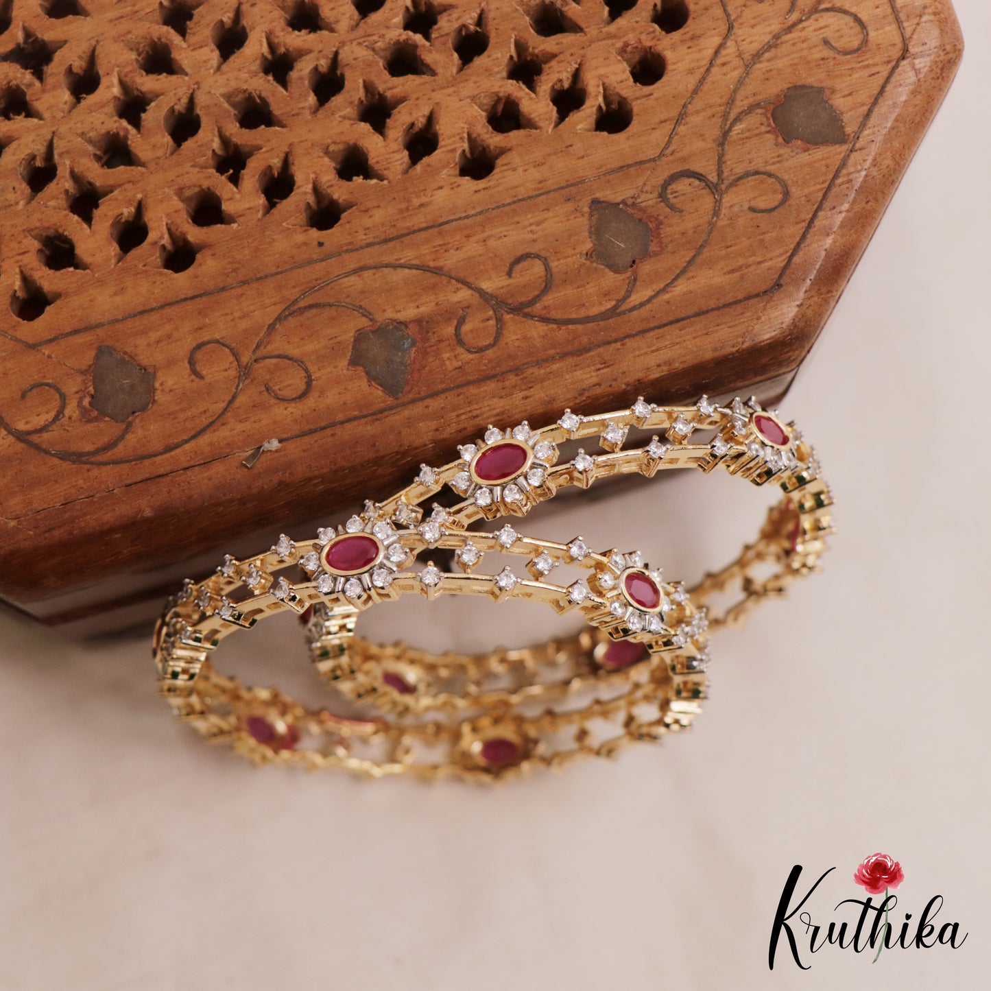Sparkling Floral Diamond-Finish Gold-Tone CZ Bangles B548 (Set of 2)|(Available In 2 Colors)