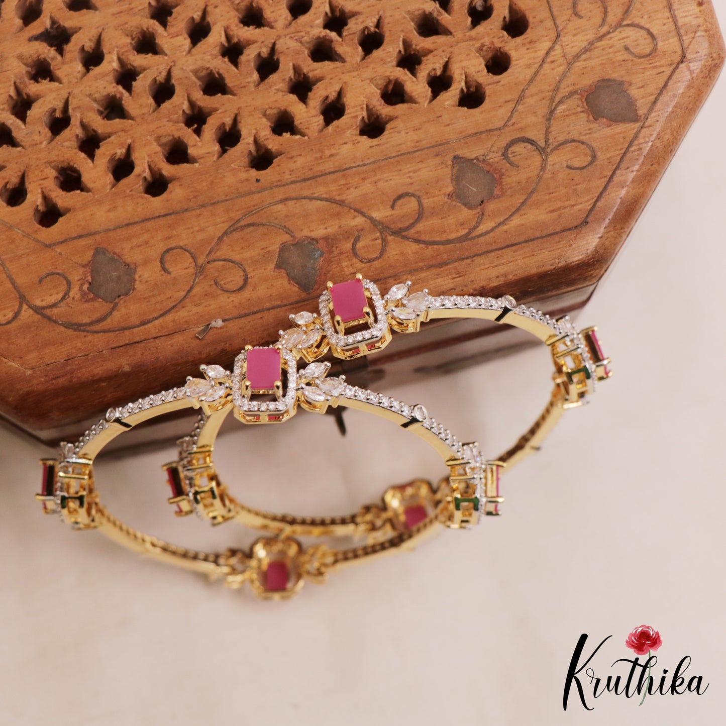 Classic Floral Diamond-Finish Gold-Tone CZ Bangles B549 (Set of 2)|(Available In 2 Colors)