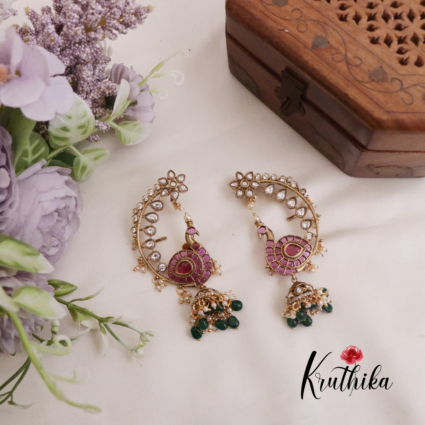 Beautiful AD Moissanite Kemp Peacock Earcuff with Green Beads Drops E713 (Available in 3 colours)