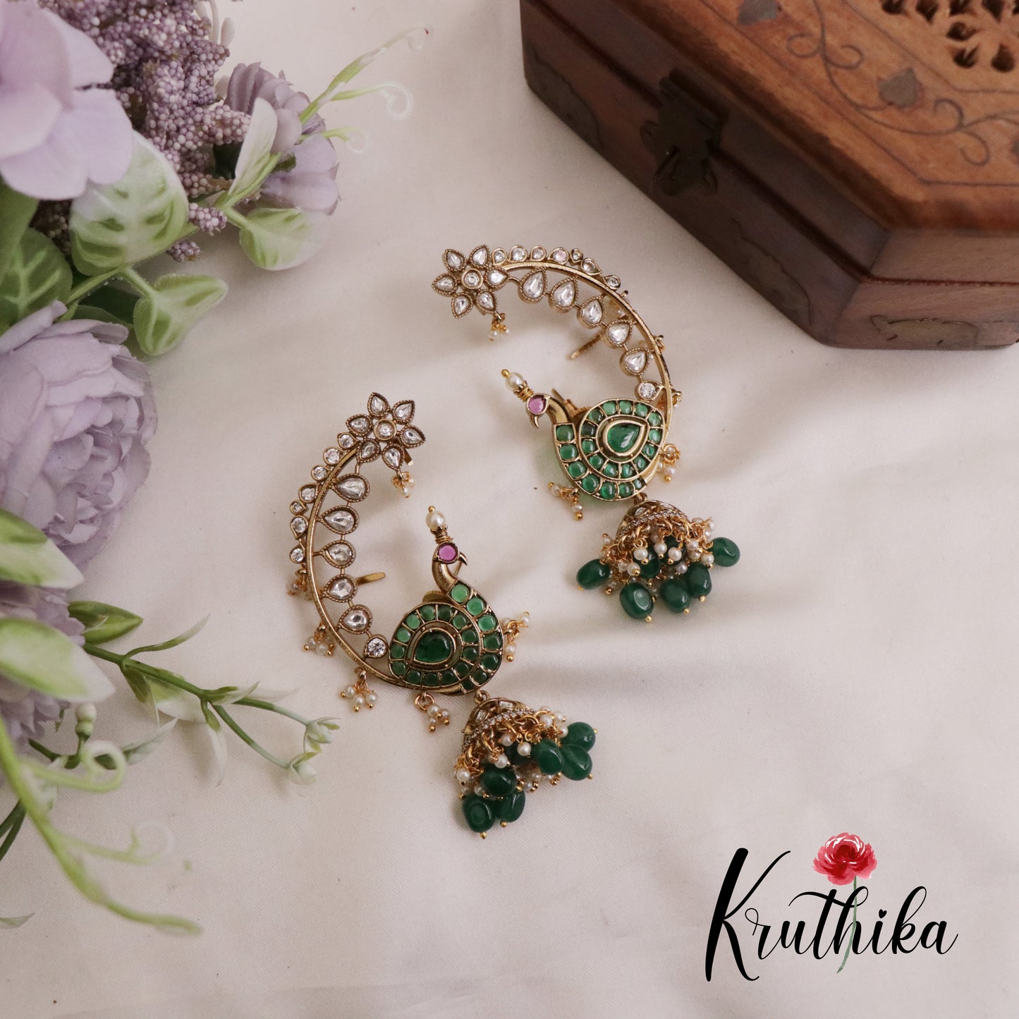Beautiful AD Moissanite Kemp Peacock Earcuff with Green Beads Drops E713 (Available in 3 colours)